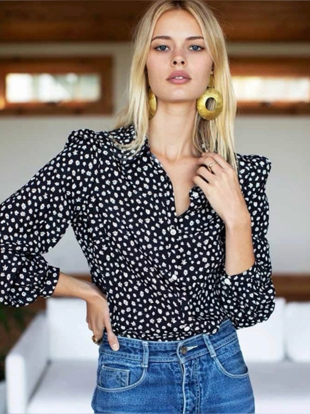 EMERSON FRY Frankie Blouse Black Daisy 100% Silk Puff Sleeve Size Small